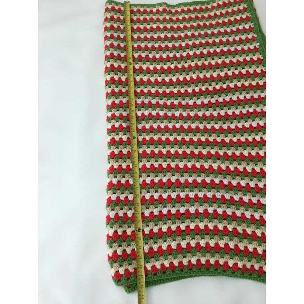 Handmade Crochet Christmas Afghan Blanket Red Green Cream Long Throw 41